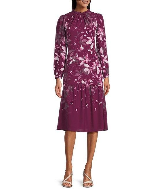 Maggy London Mock Neck Long Sleeve Floral Print Fit and Flare Midi Dress Product Image
