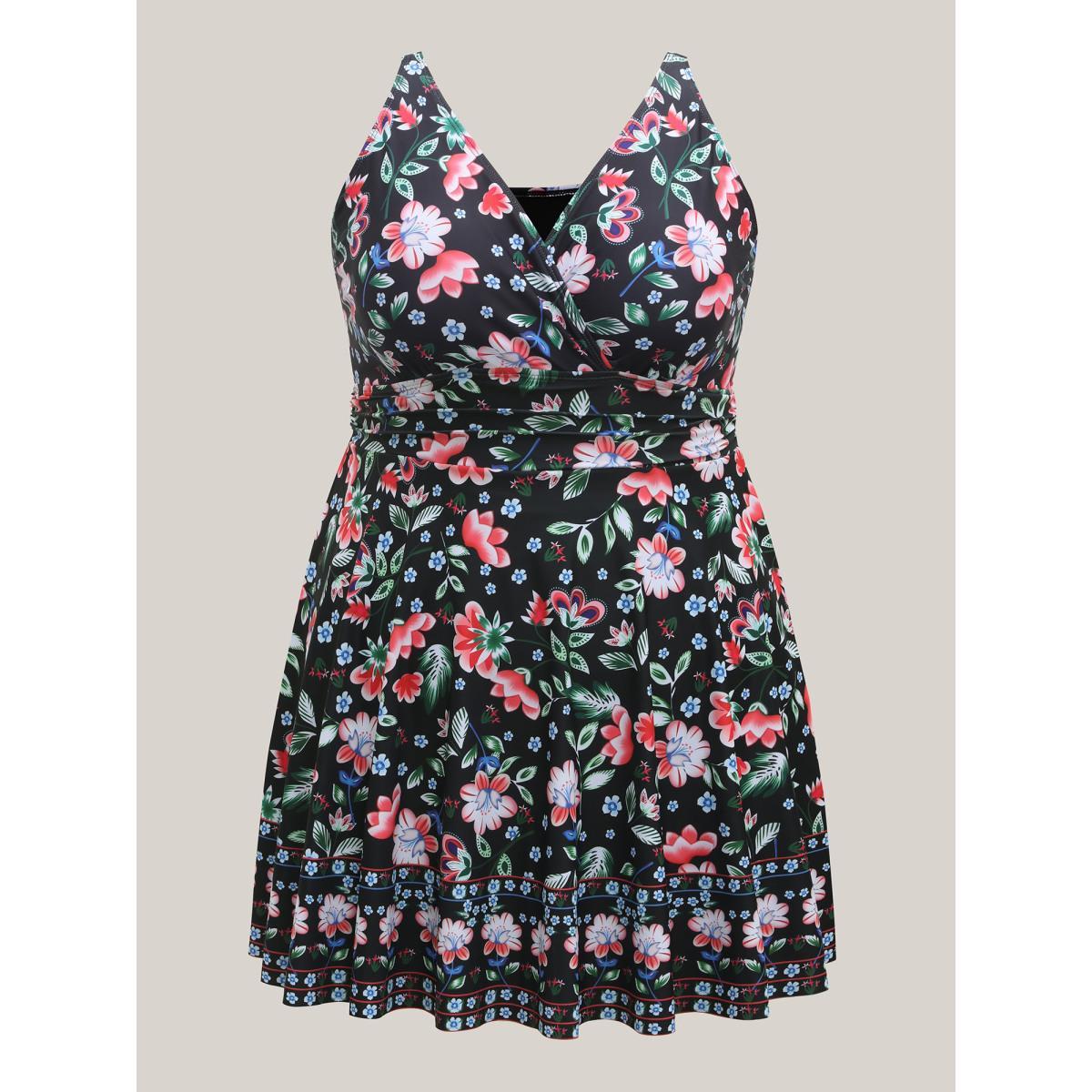 Plus Size Floral Print Surplice Neck Swim Dress Women's Swimwear Black Beach Bodycon Overlap Collar High stretch Curve Swim Dresses BloomChic 26/4X Product Image