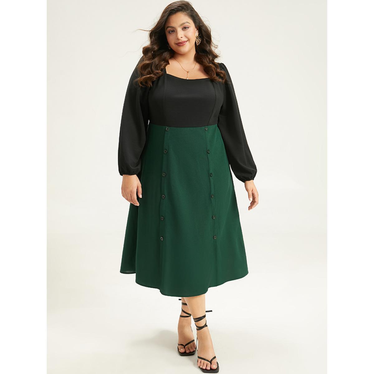 Plus Size Colorblock Patchwork Button Detail Dress DarkGreen Women Elegant Elastic cuffs Square Neck Long Sleeve Curvy Midi Dress BloomChic 18-20/2X Product Image