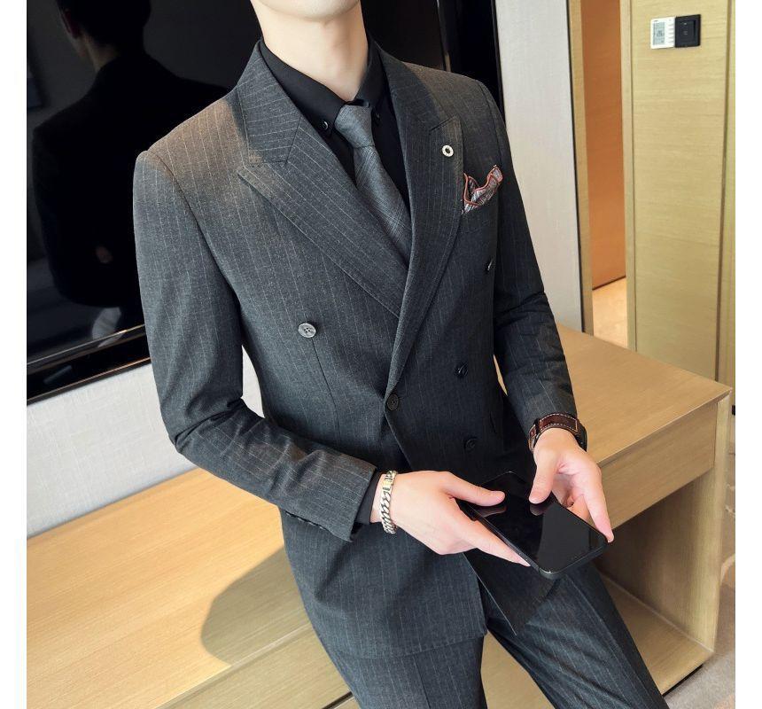 Set: Peak Lapel Striped Double-Breasted Blazer + Cropped Tapered Pants Product Image