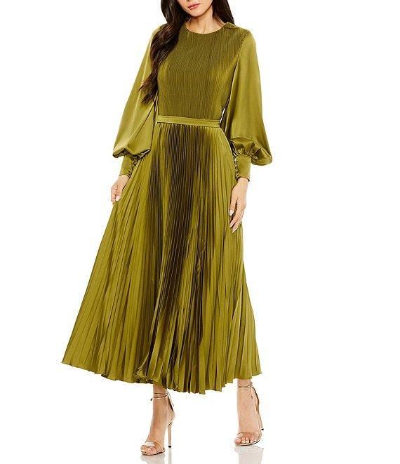 Mac Duggal Pleated Satin Round Neck Long Balloon Sleeve Dress Product Image