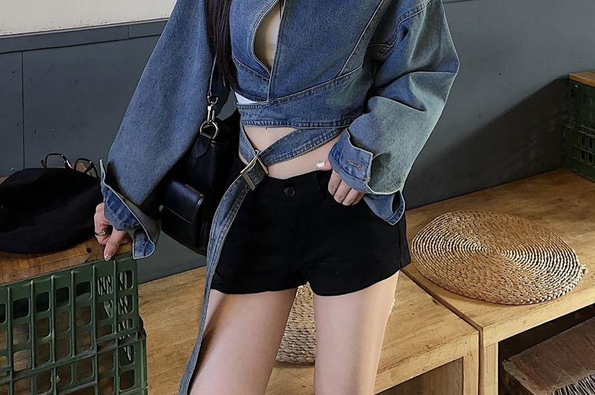 Collared Washed Denim Wrap Crop Jacket Product Image