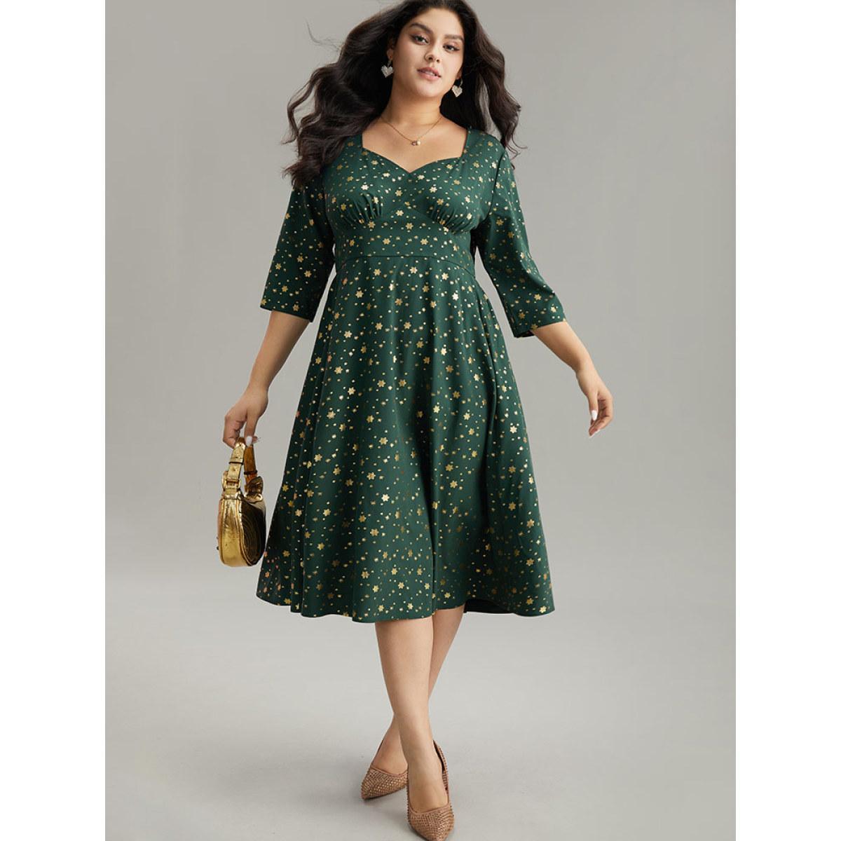 Plus Size Star Glitter Square Neck Gathered Dress DarkGreen Women Party Printed Square Neck Elbow-length sleeve Curvy Midi Dress BloomChic 14-16/1X Product Image