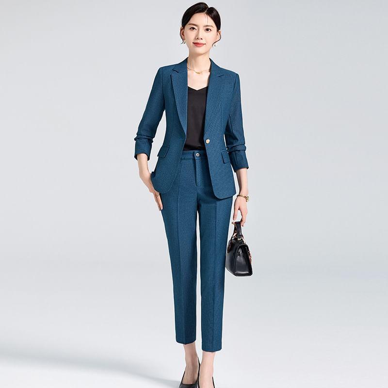 Set: Lapel Collar Plain Single Breasted Blazer + Mid Waist Plain Slacks Product Image