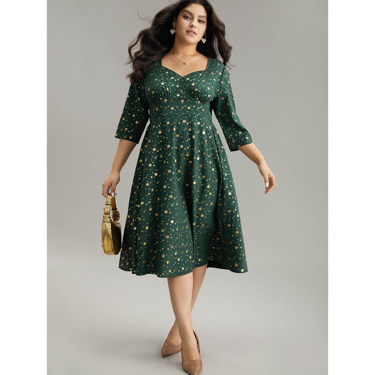 Plus Size Star Glitter Square Neck Gathered Dress DarkGreen Women Party Printed Square Neck Elbow-length sleeve Curvy Midi Dress BloomChic 14-16/1X Product Image