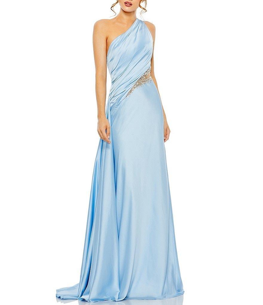 Mac Duggal Embellished Mesh Inset Satin Ruched One Shoulder Sleeveless Draped Gown Product Image