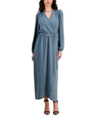 Connected Womens Surplice-Neck Faux-Wrap Long-Sleeve Dress Product Image