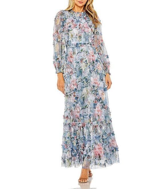 Mac Duggal Floral Print Chiffon High Neck Long Sleeve Ruffle Tiered A-Line Dress Product Image