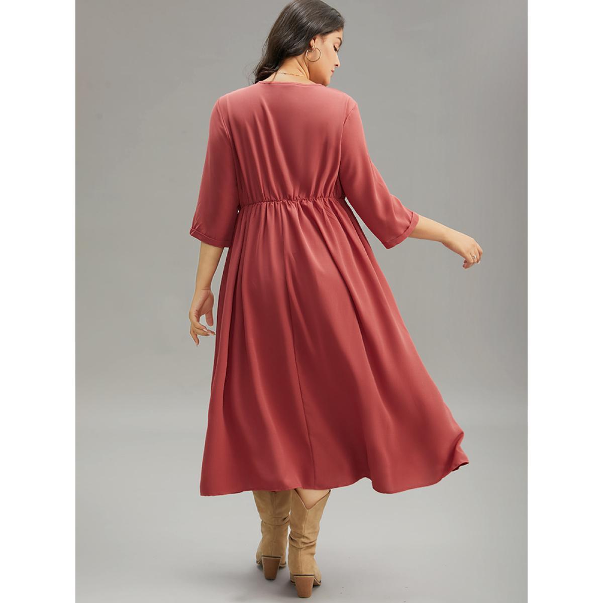 Plus Size Plain Pleated Gathered Wrap Pocket Dress OrangeRed Women Casual Gathered V-neck Elbow-length sleeve Curvy Midi Dress BloomChic 18-20/2X Product Image