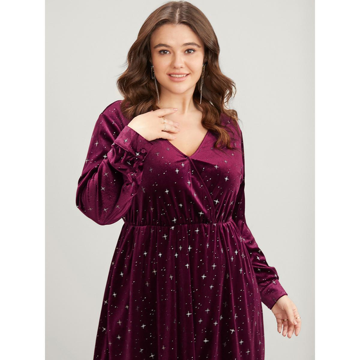 Plus Size Star Print Pocket Velvet Surplice Neck Midi Dress Scarlet Women Party V-neck Long Sleeve Curvy Midi Dress BloomChic 10/M Product Image