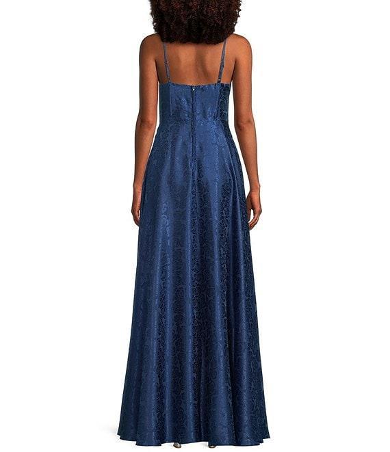 B. Darlin Sleeveless Satin Jacquard Sweetheart Neck Bustier Front Slit Gown Product Image
