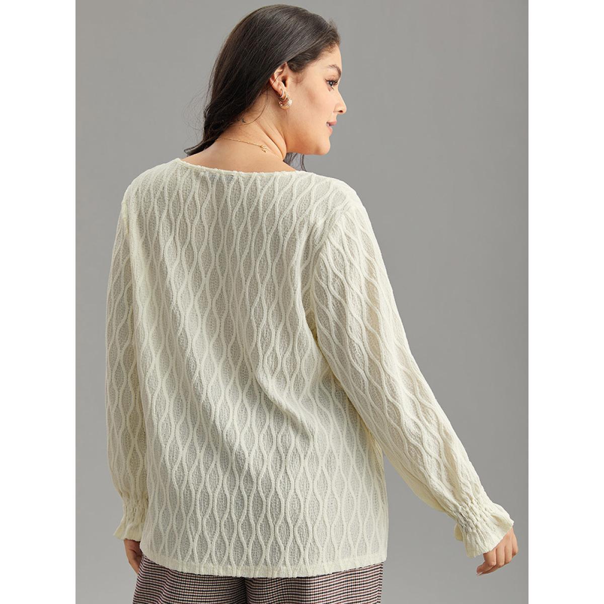 Plus Size Beige V Neck Solid Textured Shirred Blouse Women Office Long Sleeve V-neck Work Blouses BloomChic 12/L Product Image