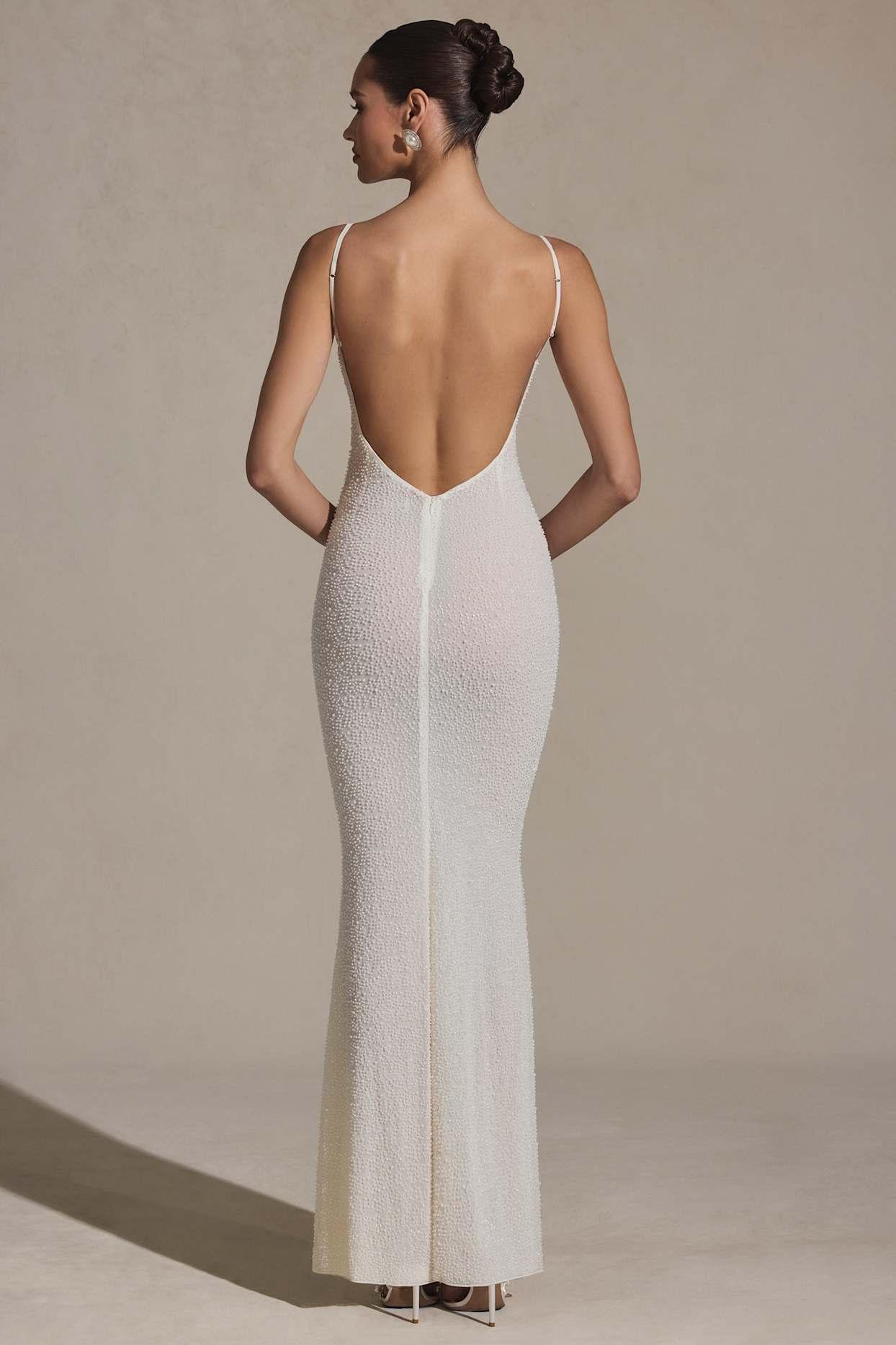 Embellished Backless Maxi Dress in White Product Image