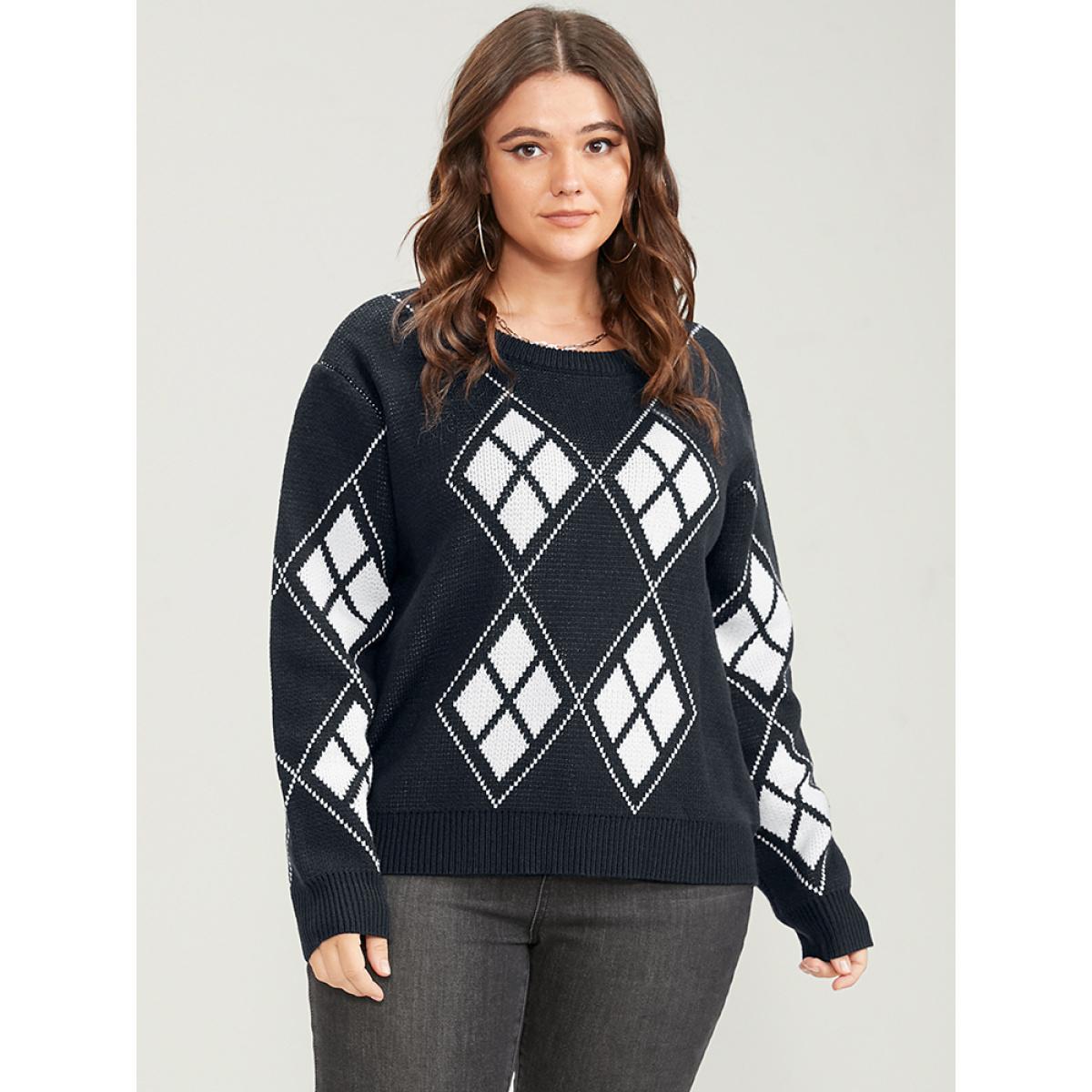 Plus Size Geometric Contrast Pointelle Knit Round Neck Knit Top Black Women Casual Long Sleeve Round Neck Dailywear Pullovers BloomChic 28/5X Product Image