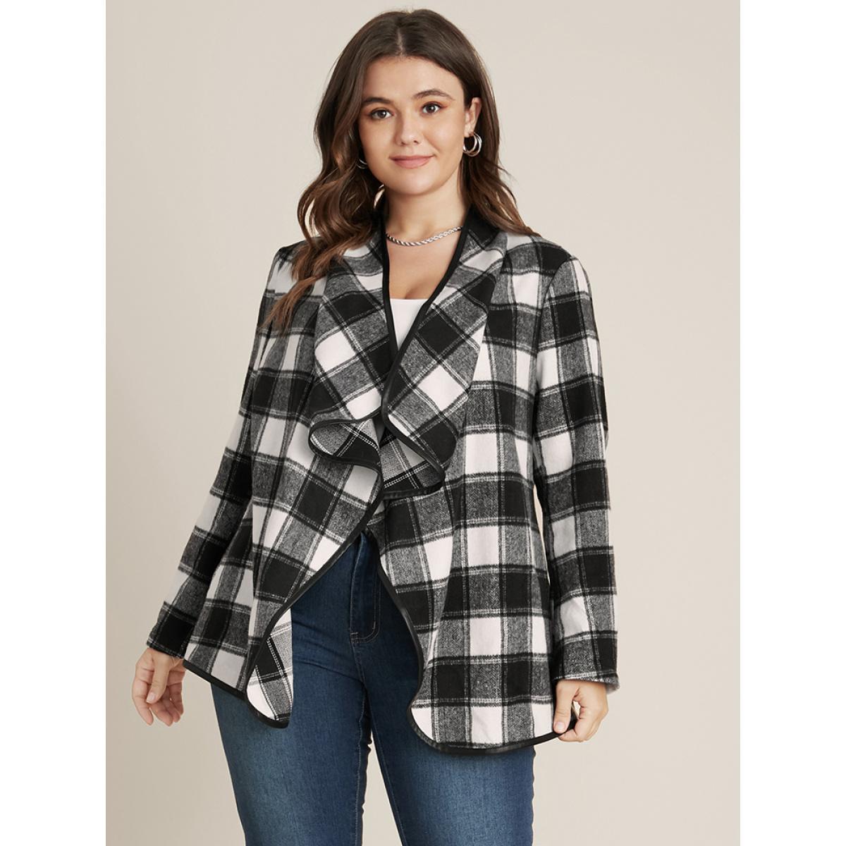 Plus Size Plaid Waterfall Collar Open Front Coat Women Black Elegant Asymmetrical Loose Ladies Dailywear Winter Coats BloomChic 30/6X Product Image