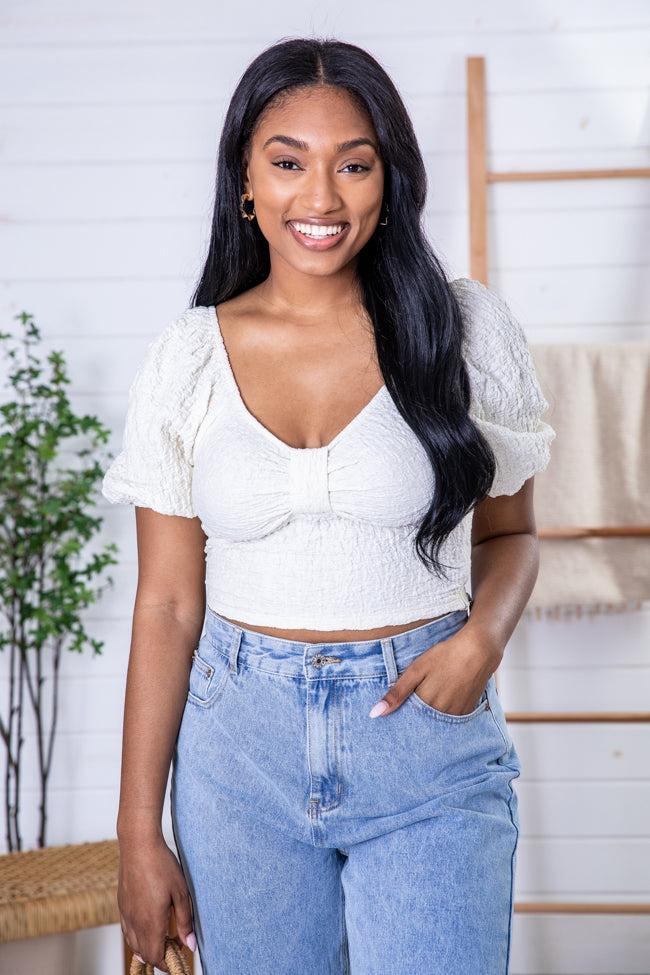 With The Sun Cream Textured Puff Sleeve Cropped Blouse FINAL SALE Product Image