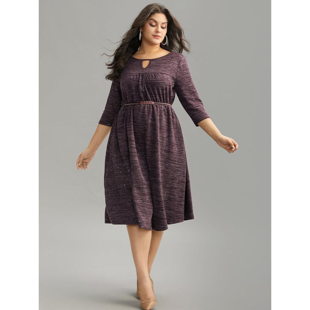 Plus Size Glitter Keyhole Gathered Elastic Waist Dress Purple Women Elegant Rib Knit Keyhole Cut-Out Elbow-length sleeve Curvy Midi Dress BloomChic 18-20/2X Product Image