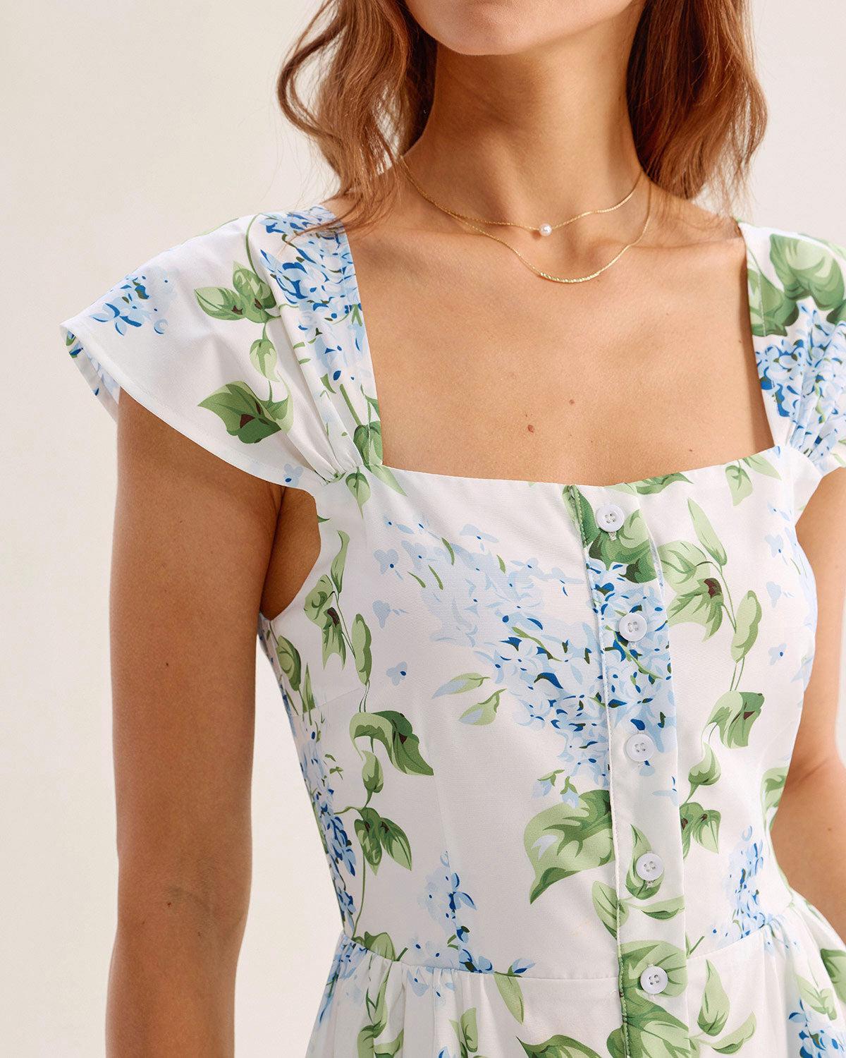 White Floral Square Neck Mini Dress Product Image