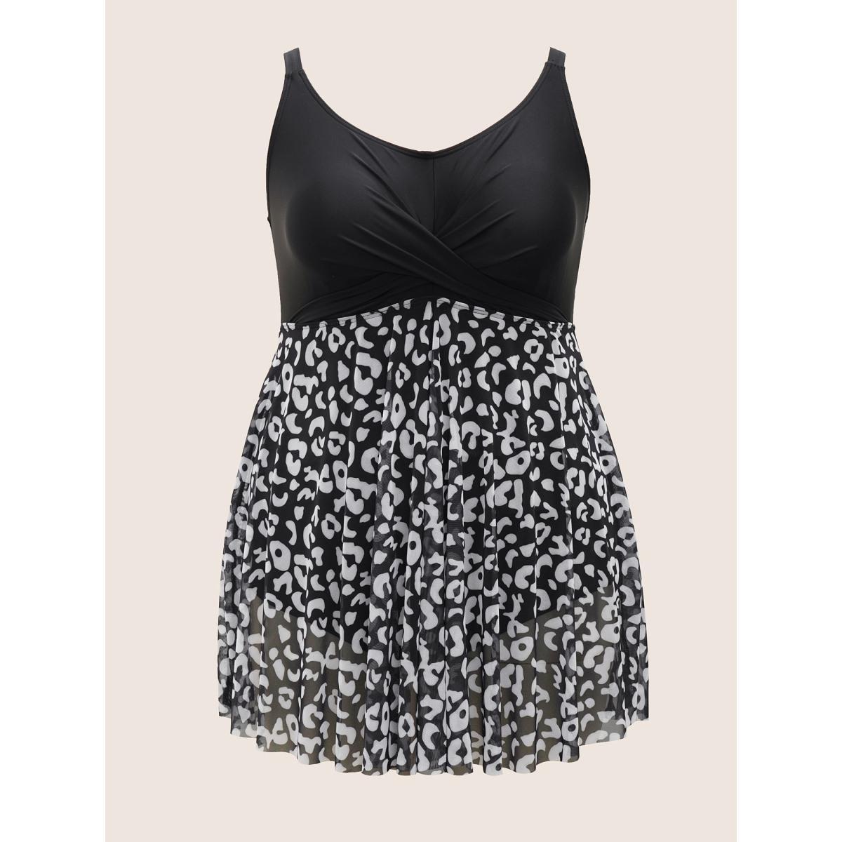 Plus Size Leopard Print Patchwork Heart Neckline Swim Dress Women's Swimwear Black Beach Bodycon U-neck High stretch Curve Swim Dresses BloomChic 14-16/1X Product Image