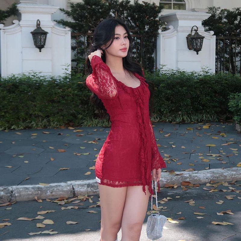 Bell Sleeve Scoop-Neck Plain Lace Ruffled-Trim Slim-Fit Mini Bodycon Dress Product Image
