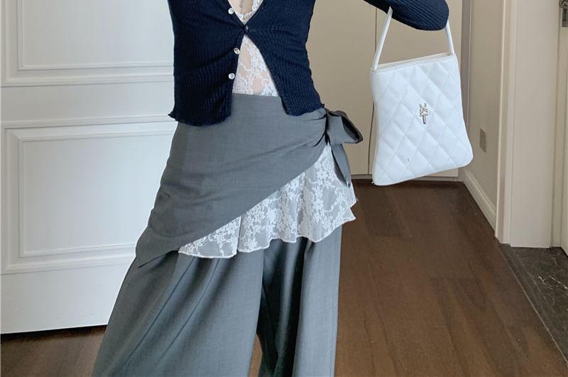 Halter-Neck V-Neck Lace Top / High Waist Wide Leg Pants / V-Neck Button-Up Cardigan Product Image