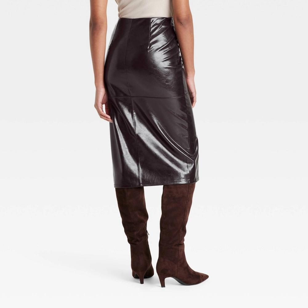Womens Faux Leather Midi Skirt - A New Day Brown 16: A-Line, Side Zipper, Machine Washable Product Image