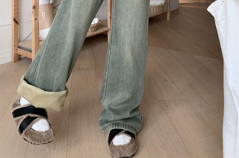 High Rise Fleece-Lined Washed Wide Leg Jeans Product Image