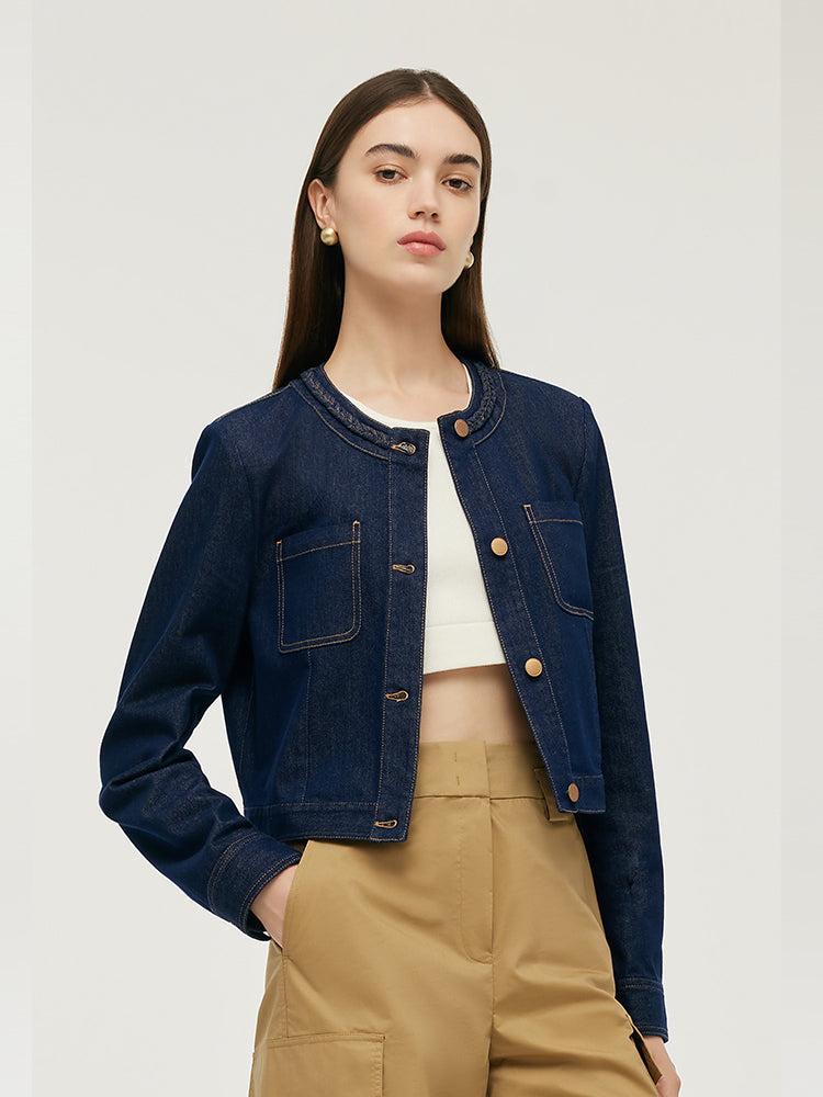 Round Neck Women Crop Denim Jacket Product Image