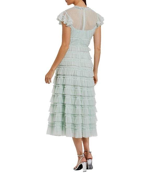 Mac Duggal Illusion Mock Neck Cap Sleeve Mesh Micro Ruffle A-Line Midi Dress Product Image