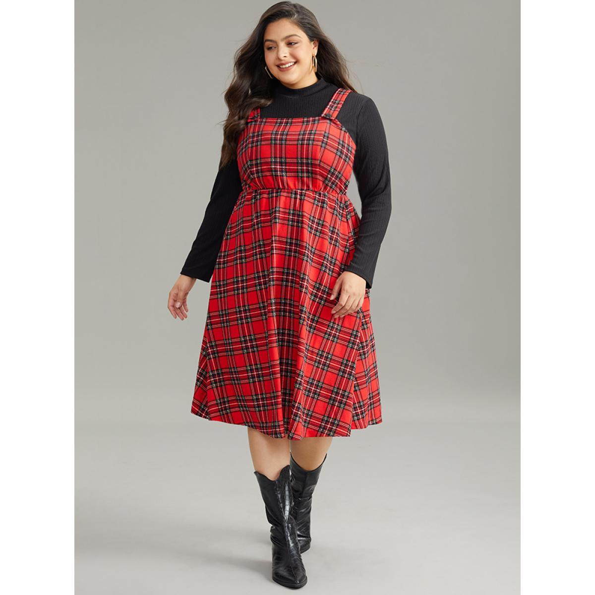 Plus Size Plaid Button Up Adjustable Straps Dress Red Women Casual Adjustable Straps Spaghetti Strap Sleeveless Curvy Midi Dress BloomChic 18-20/2X Product Image