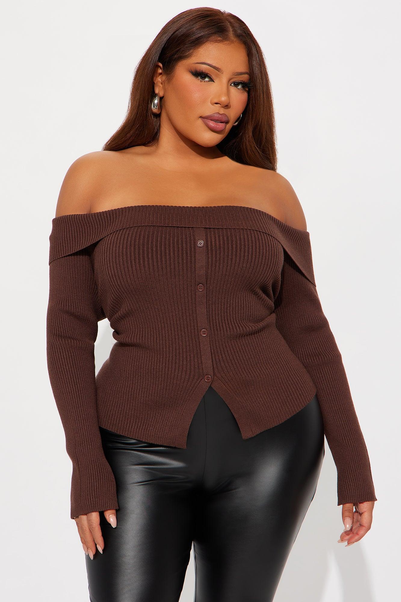 Make Time For Me Foldover Sweater - Brown Product Image