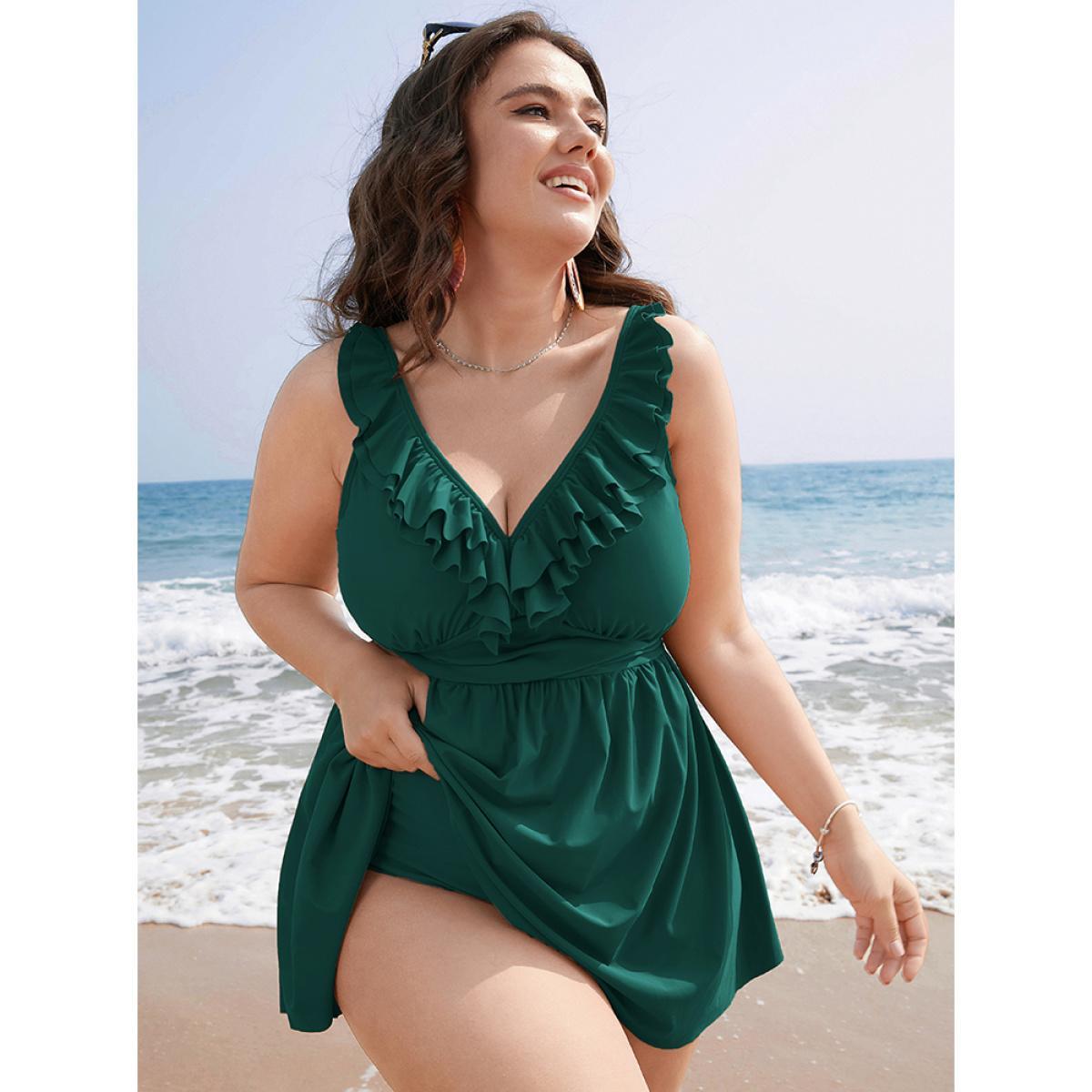 Plus Size Ruffle Trim Adjustable Straps Gathered Sculpt Waist Swim Dress Women's Swimwear DarkGreen Beach Bodycon V-neck High stretch Curve Swim Dresses BloomChic 12/L Product Image