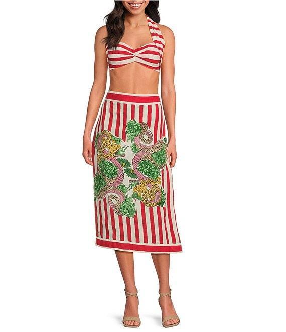 Mo Maya Red Stripe Dragon Print High Rise Pencil Midi Skirt Product Image