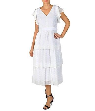 Julia Jordan Clip Dot Chiffon Short Flutter Sleeve V-Neck Tiered A Product Image