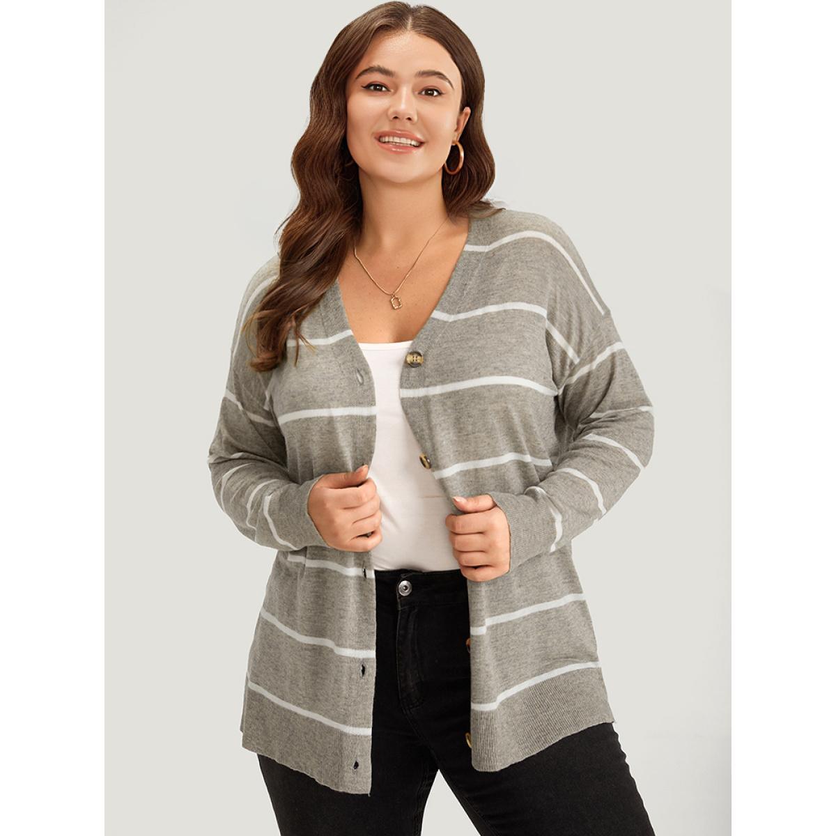 Plus Size Supersoft Essentials Striped Button Through Elastic Cuffs Cardigan DarkGray Women Casual Loose Long Sleeve Dailywear Cardigans BloomChic 26/4X Product Image