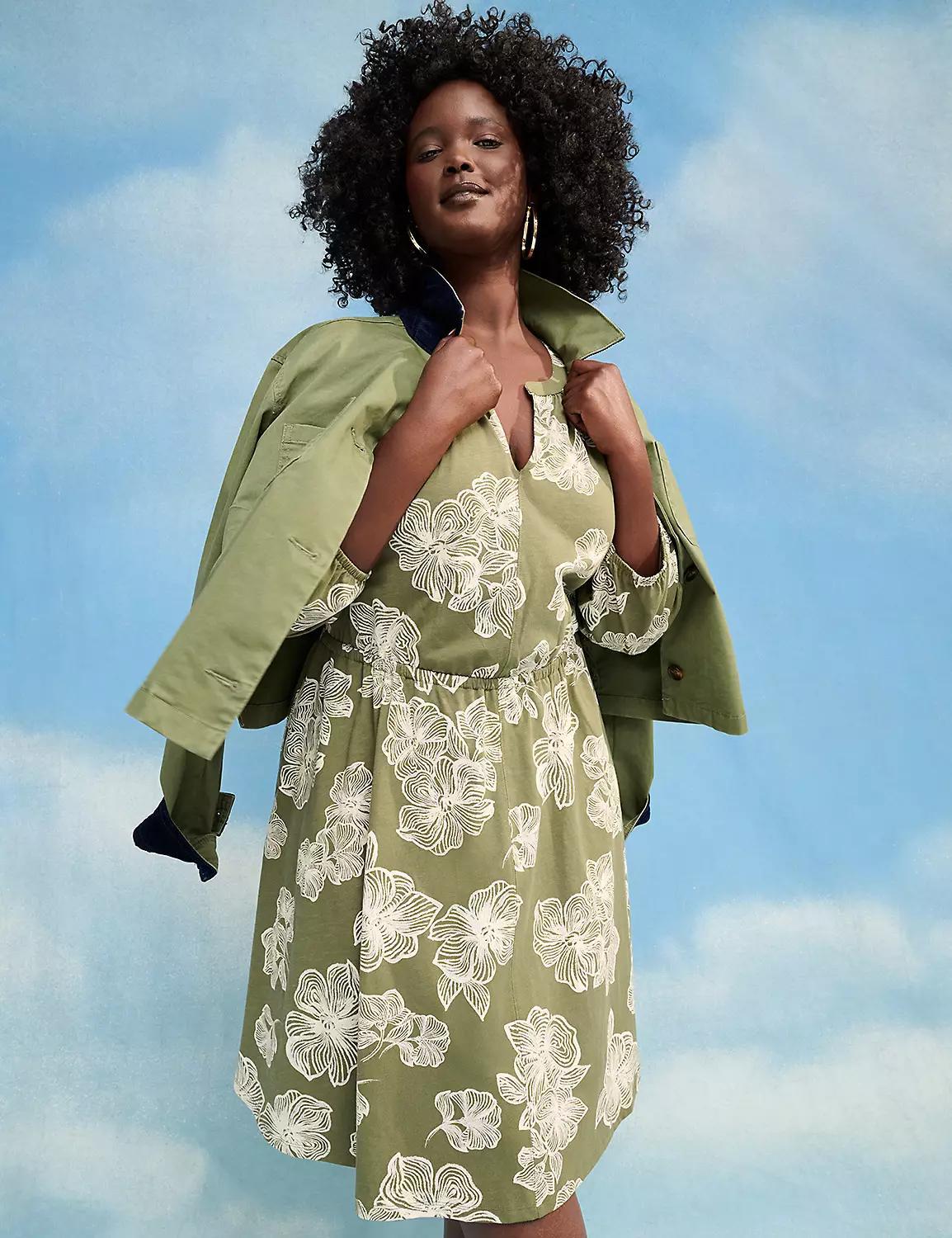 3/4-Sleeve Split-Neck Dress Product Image