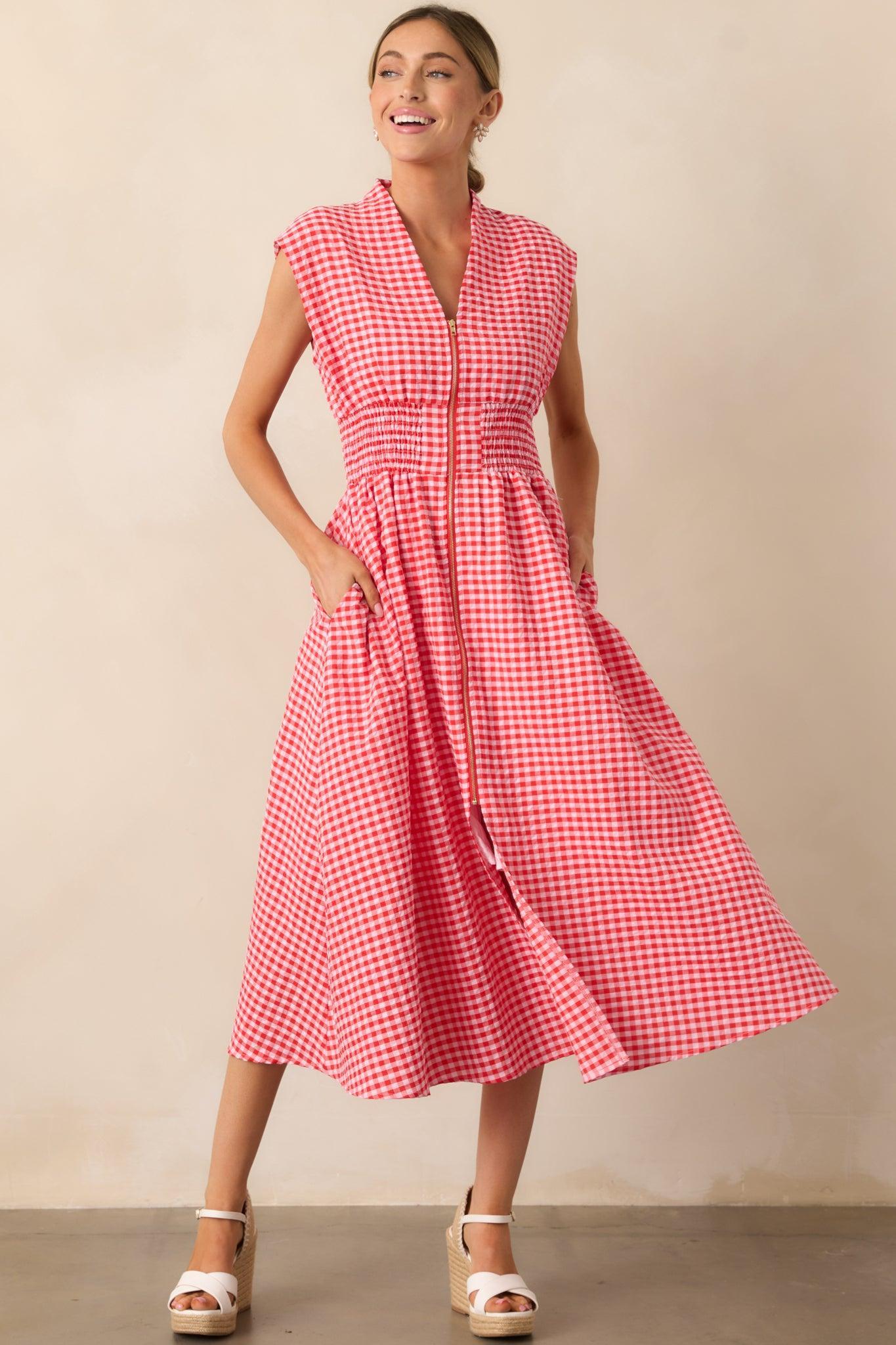 The Evette Red Gingham Zip Front Midi Dress Product Image