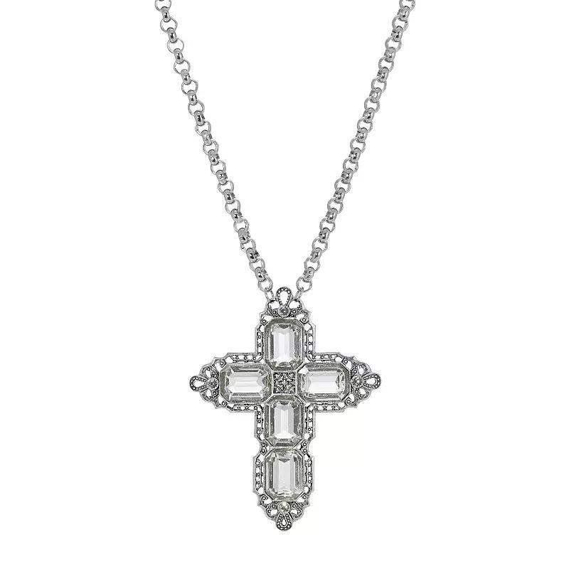 1928 Silver Tone Rectangle Simulated Crystal Cross Chain Necklace, Womens, Clear Product Image