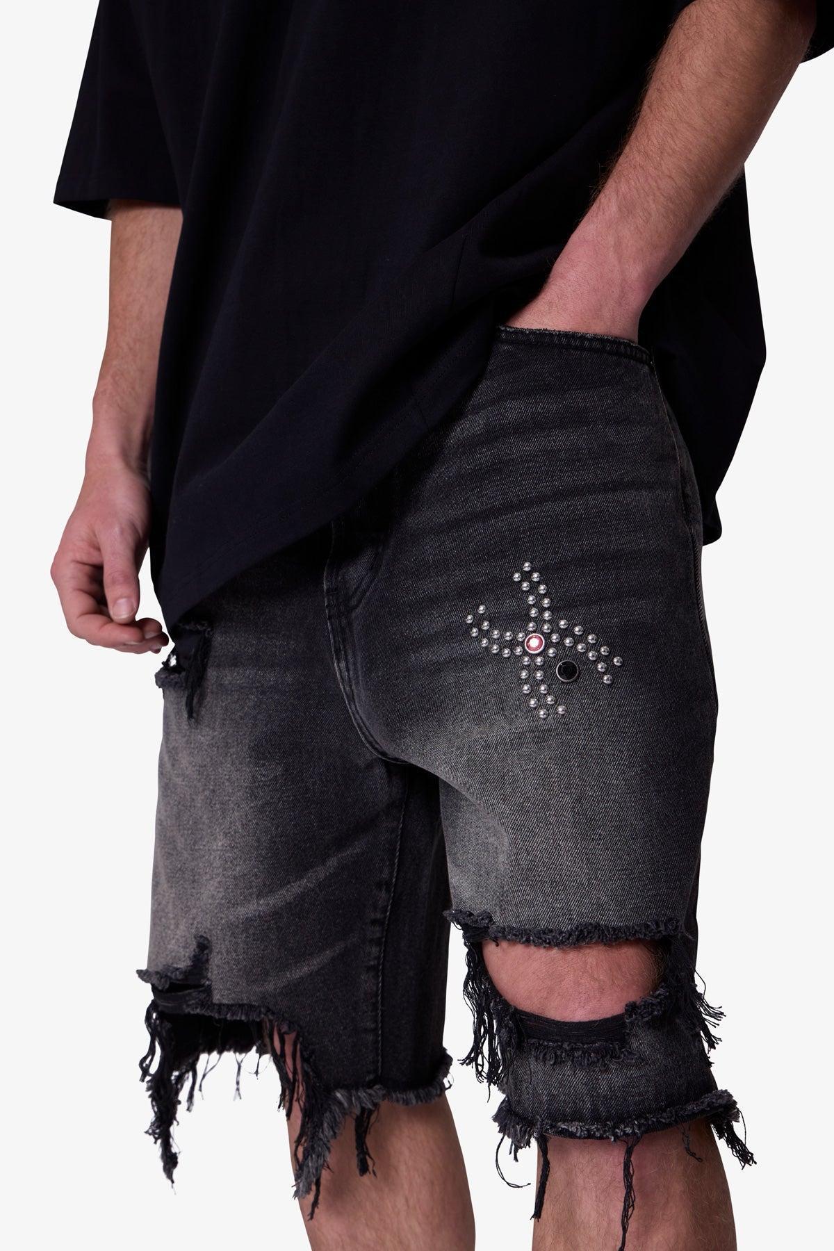 Distressed Spider Denim Shorts - Washed Black Product Image