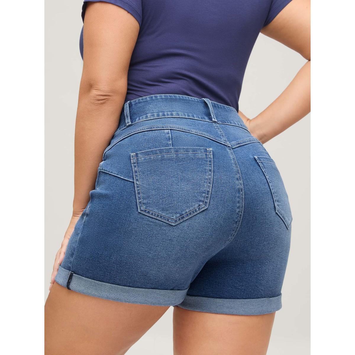 Plus Size Booty-Lifting Cowboy Denim Shorts Women Midblue Medium stretch Everyday-Casual Slanted pocket Denim Shorts BloomChic 26/4X Product Image