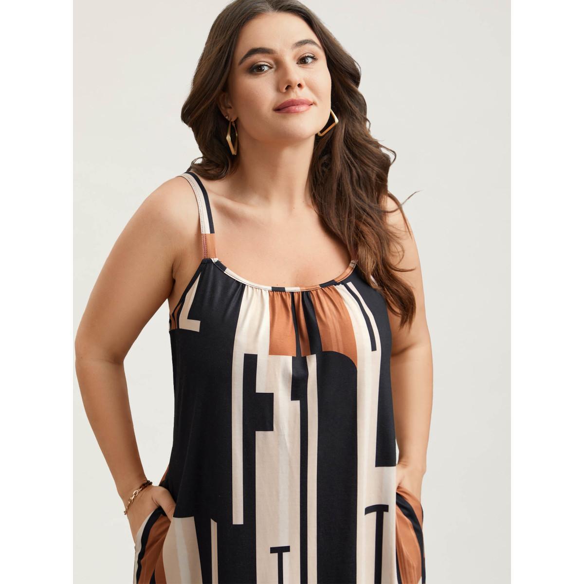 Plus Size Abstract Print Pockets Cami Midi Dress Multicolor Women Casual Gathered Round Neck Sleeveless Curvy BloomChic 18-20/2X Product Image