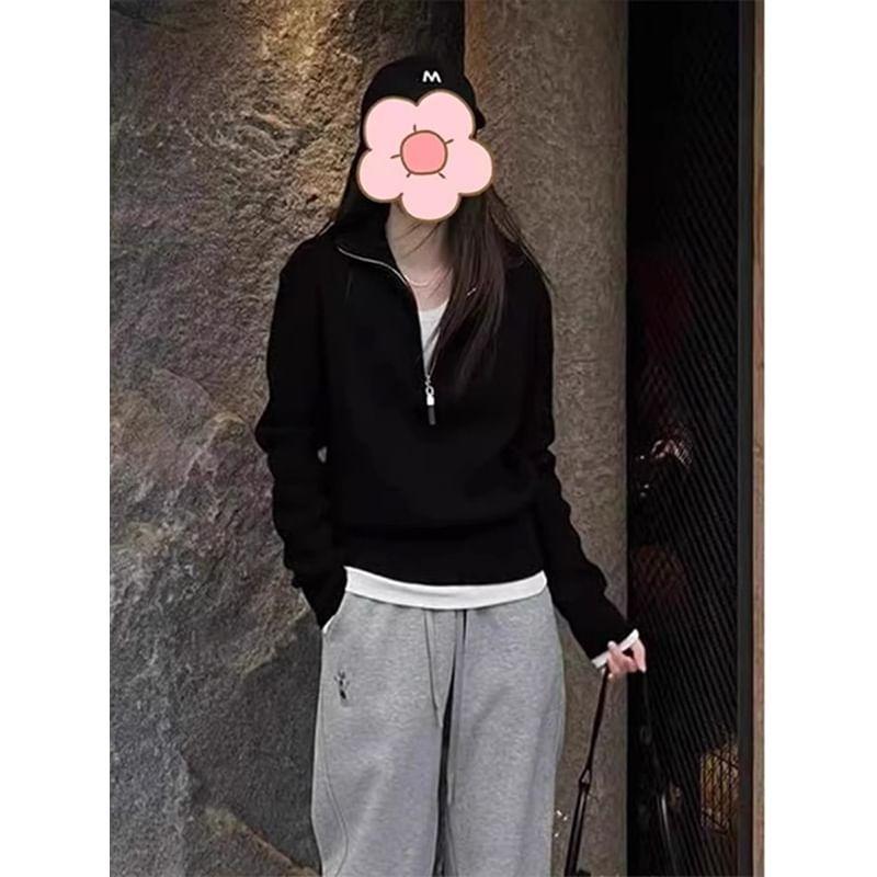 Turtleneck Plain Half Zip Ribbed Knit Sweater Product Image