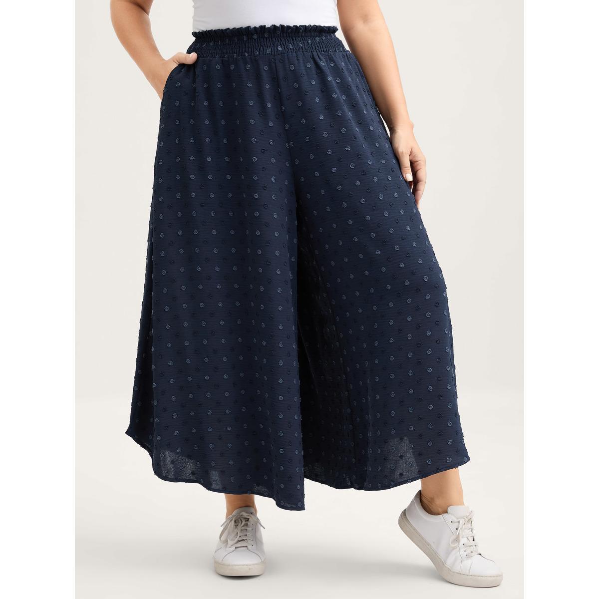 Plus Size Textured Polka Dots Irregular Wide-Leg Pants Women Indigo Loose Mid Rise Everyday-Elegant Pants BloomChic 18-20/2X Product Image