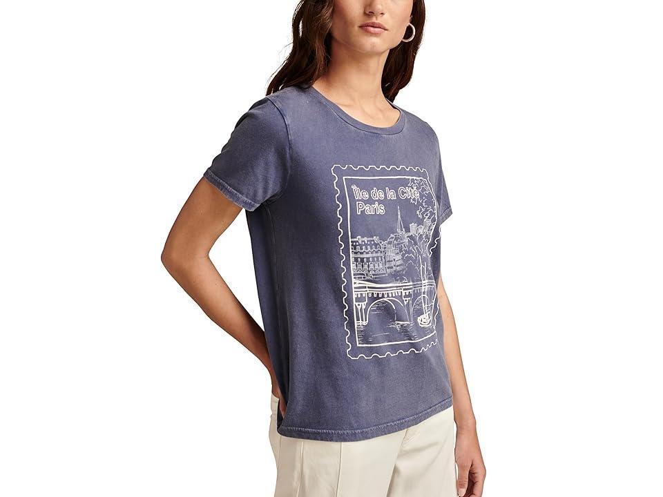 Lucky Brand Paris Post Stamp Classic Crew (Washed Blue) Women's Clothing Product Image