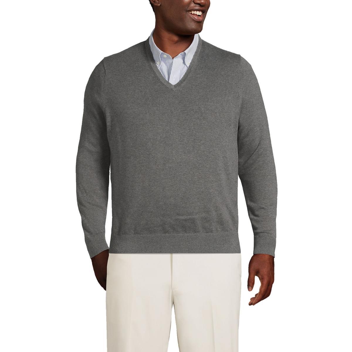 Mens Lands End Classic-Fit Fine-Gauge Supima Cotton V-neck Sweater Grey Heather Product Image