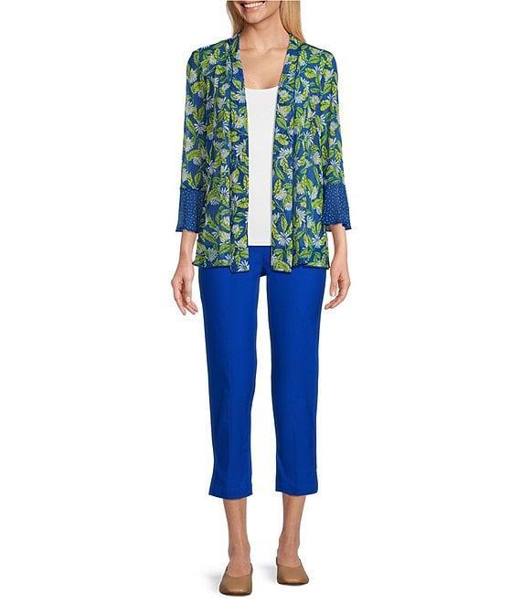 Multiples Blue Print Onionskin Shawl Neck 3/4 Flounce Sleeve Open-Front Jacket Product Image