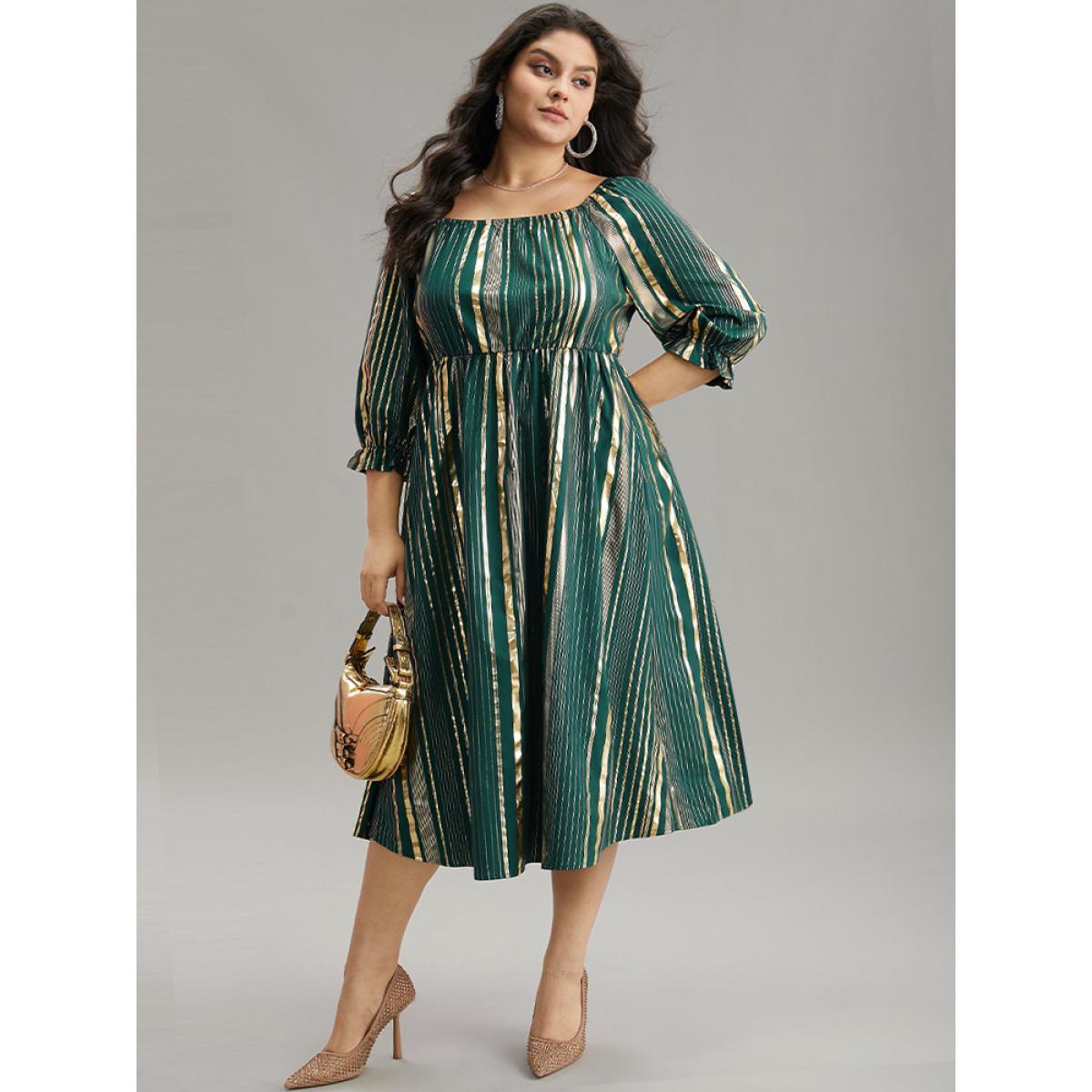 Plus Size Glitter Square Neck Pocket Elastic Waist Dress Cyan Women Party Gathered Square Neck Elbow-length sleeve Curvy Midi Dress BloomChic 30/6X Product Image