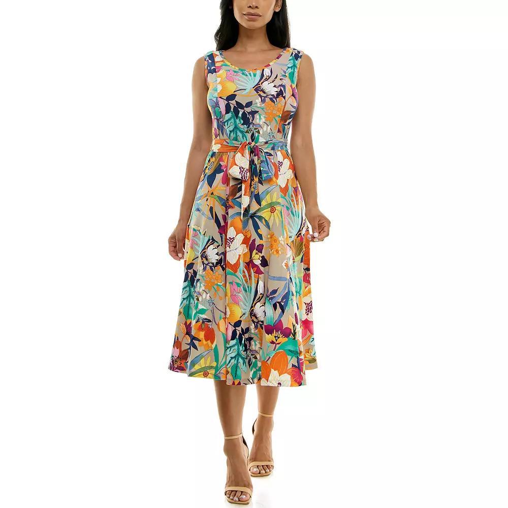 Women's Nina Leonard Belted Sleeveless Print Midi Dress, Size: XL, Brown Team Product Image