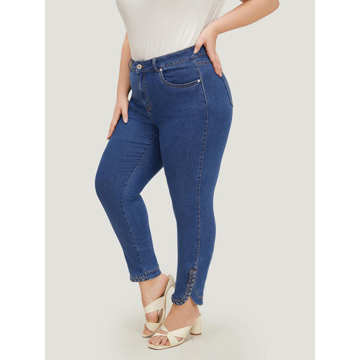 Plus Size Split Arc Hem Medium Wash Jeans Women Blue Casual Plain Arc Hem High stretch Pocket Jeans BloomChic 16/1X Product Image