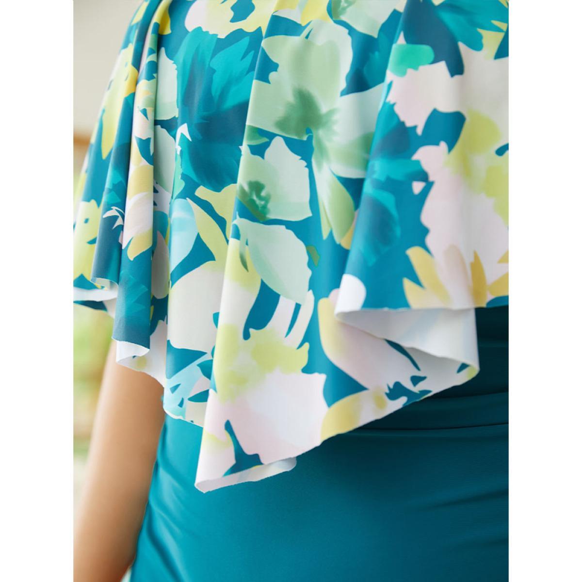 Plus Size Floral Print Ruffle Trim Square Neck One Piece Swimsuit Women's Swimwear Green Vacation Adjustable Straps Curve Bathing Suits High stretch One Pieces BloomChic 26/4X Product Image